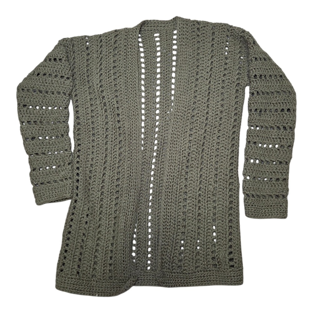 Handmade Crochet Knit Cardigan Olive Sage Green Boho Open Front Sweater